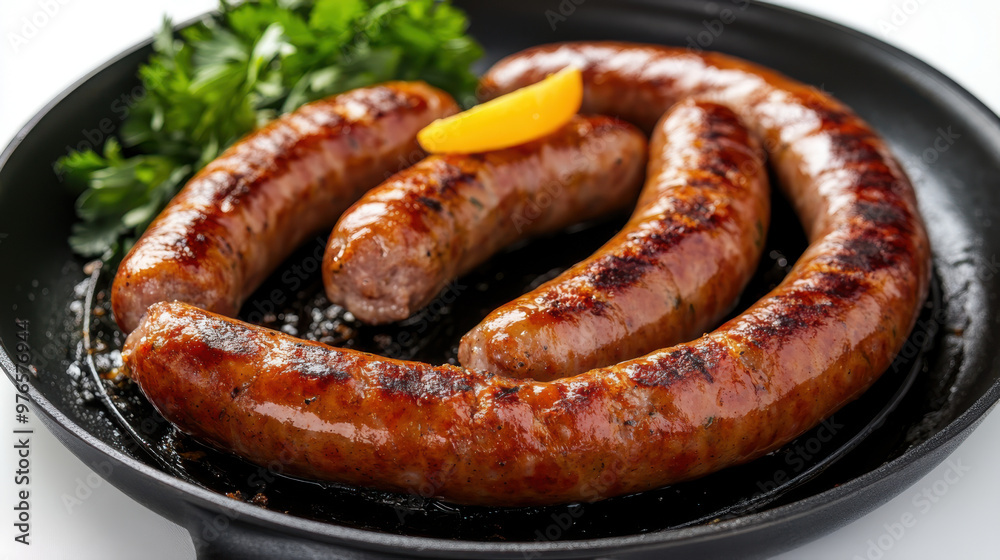 Delicious pork chipolatas sausages in a frying pan isolated on white Delicious pork chipolatas sausages in a frying pan isolated on white