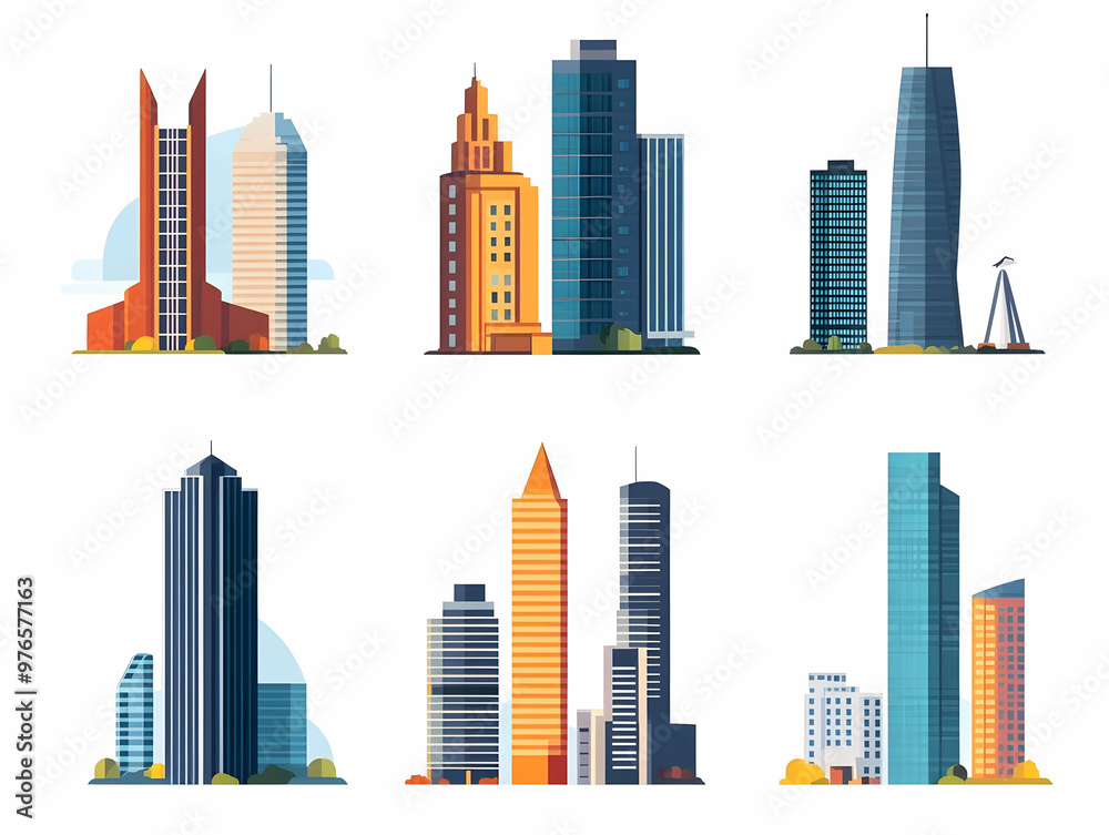 Modern City Illustration with Skyscrapers, Office Buildings, and Urban Architecture Modern City Illustration with Skyscrapers, Office Buildings, and Urban Architecture