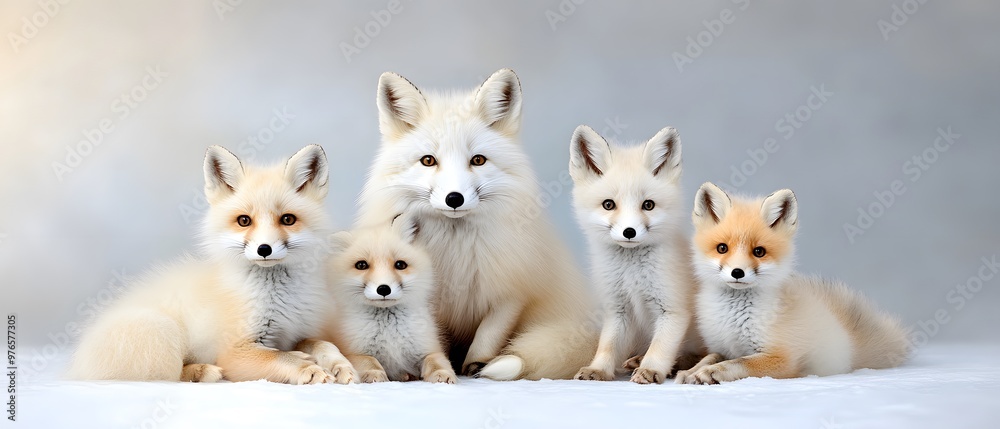 A charming group of five adorable Arctic foxes, showcasing their beautiful fur in a serene winter setting.