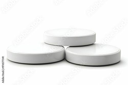 3D Illustration of Three White Empty Round Podiums