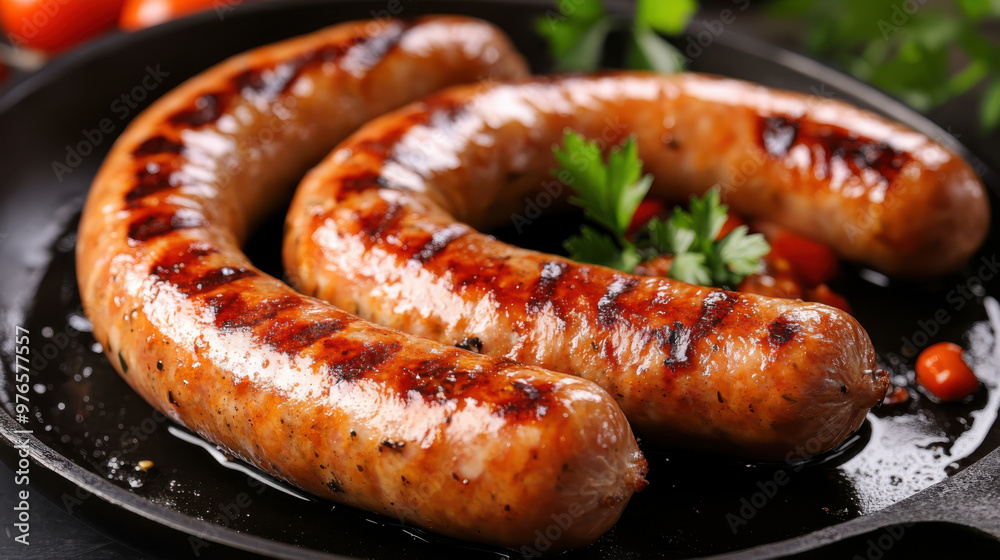 Delicious pork chipolatas sausages in a frying pan isolated on white Delicious pork chipolatas sausages in a frying pan isolated on white