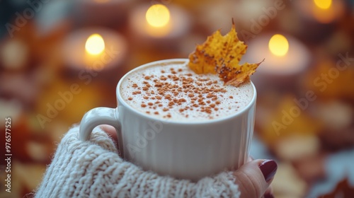 Cozy Autumn Vibes: Hand Holding Hot Chocolate Mug, Sweater Sleeve Detail, Fall Leaves and Candles Background - Nikon Z6 II 85mm Lens photo