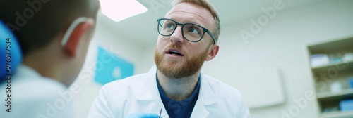 A friendly dentist, dressed in a white coat, consults with a young patient in a sleek dental clinic, emphasizing care and professionalism in healthcare services. photo