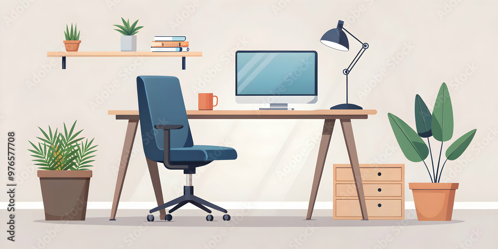 Fototapeta premium Modern Home Office Space: A minimalist and stylish home office space with a desk, chair, computer, lamp, and plants. Perfect for illustrating productivity, work-life balance, and a comfortable workspa