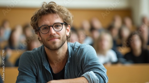 Young man with curly hair and glasses sitting in a classroom or lecture hall, students in the background.