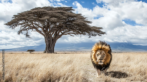 Majestic Lion, King of the Savannah: A powerful male lion with a flowing mane strides across the golden savanna, an acacia tree and distant mountains painting a breathtaking backdrop.  photo