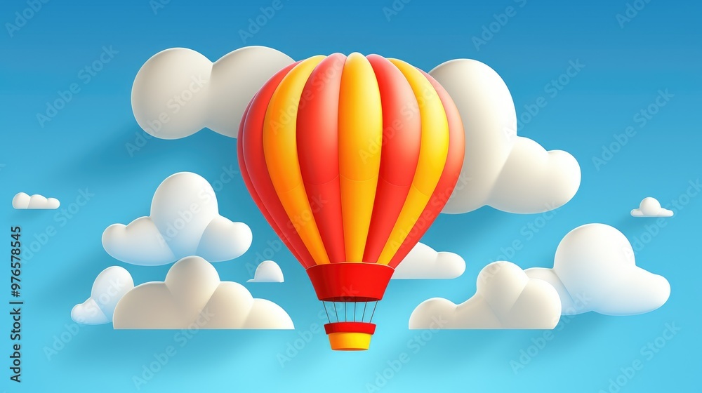 Obraz premium A red and yellow hot air balloon floats in a clear blue sky with fluffy white clouds.