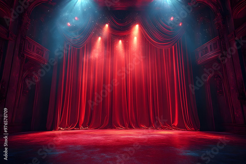 Illuminated Red Velvet Stage Curtains Illustration Background