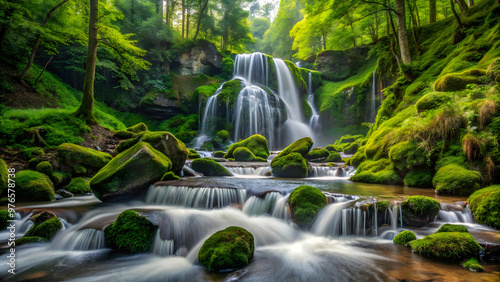 Emerald Cascade: Sunlight dances on a mesmerizing waterfall cascading through a vibrant, moss-covered forest, an oasis of tranquility in nature's embrace. 