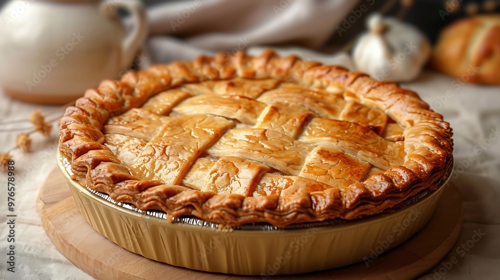 Homemade Golden Brown Lattice Crust Pie on Wooden Cutting Board Homemade Golden Brown Lattice Crust Pie on Wooden Cutting Board