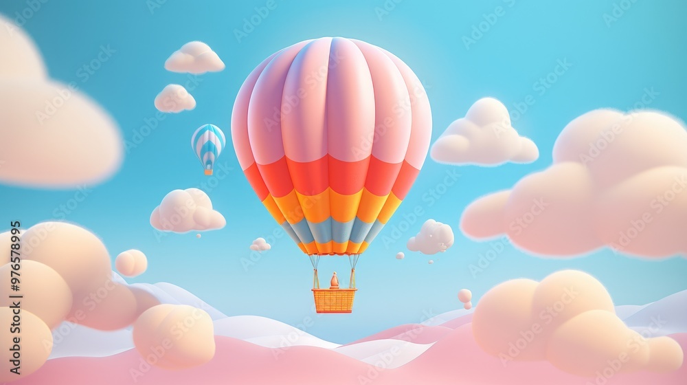 Obraz premium A pink and orange hot air balloon flies over a fluffy white and pink cloud landscape.
