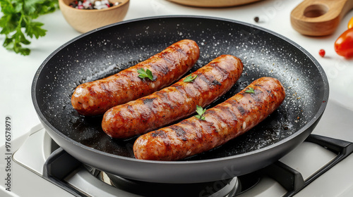 Delicious pork chipolatas sausages in a frying pan isolated on white