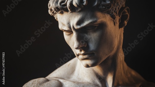 Roman marble statue of a 21-year-old teen young man, focused, angry like, planning revenge face, focused on the face, toned physique, black minimal background