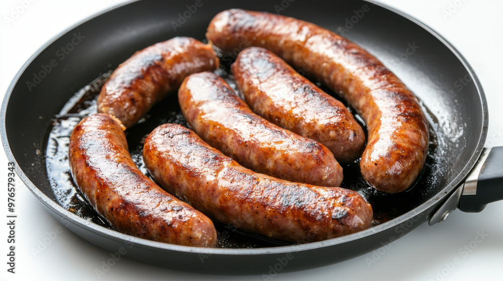 Delicious pork chipolatas sausages in a frying pan isolated on white Delicious pork chipolatas sausages in a frying pan isolated on white