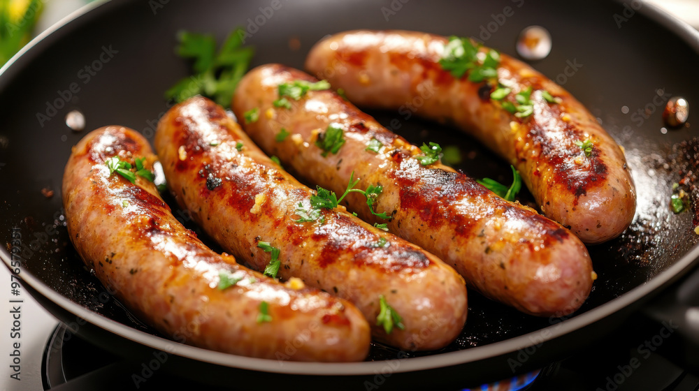 Delicious pork chipolatas sausages in a frying pan isolated on white Delicious pork chipolatas sausages in a frying pan isolated on white