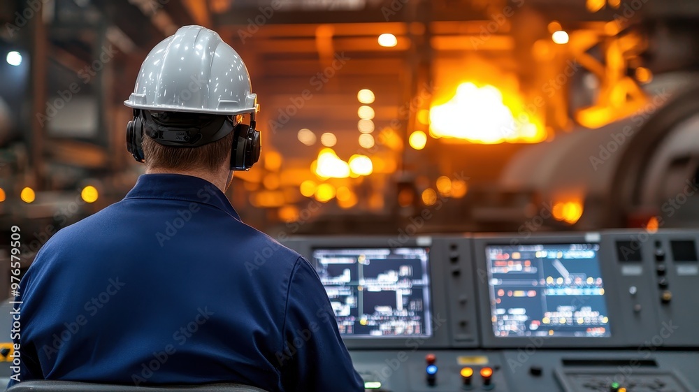 A factory worker monitors machinery controls in a metal fabrication plant, focused on production processes and safety precautions. A factory worker monitors machinery controls in a metal fabrication plant, focused on production processes and safety precautions.