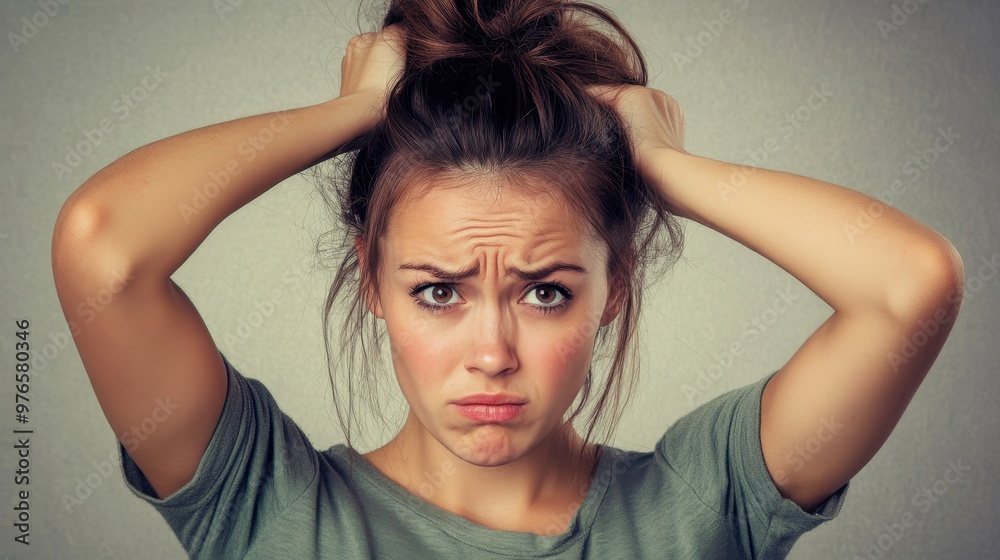 A confused woman with a frustrated facial expression, pulled her hair back with both hands. A confused woman with a frustrated facial expression, pulled her hair back with both hands.