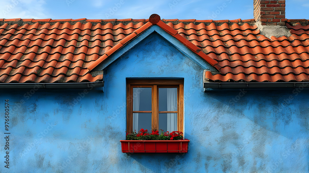 Blue House Facade with Red Tile Roof, Window, and Flowers - Photo Blue House Facade with Red Tile Roof, Window, and Flowers - Photo