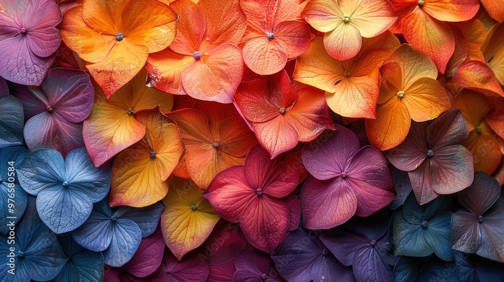 custom made wallpaper toronto digitalA vibrant gradient of blue, orange, and red hydrangea petals creates a colorful, abstract background.