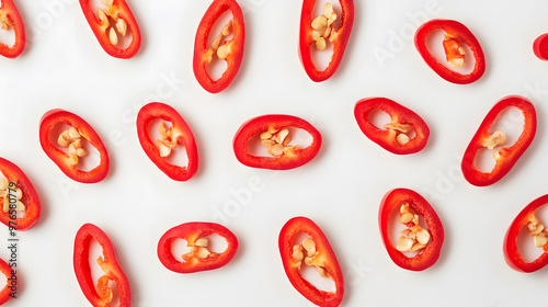 Top-down view of sliced red chili peppers on clean white background in minimalistic style © alfi