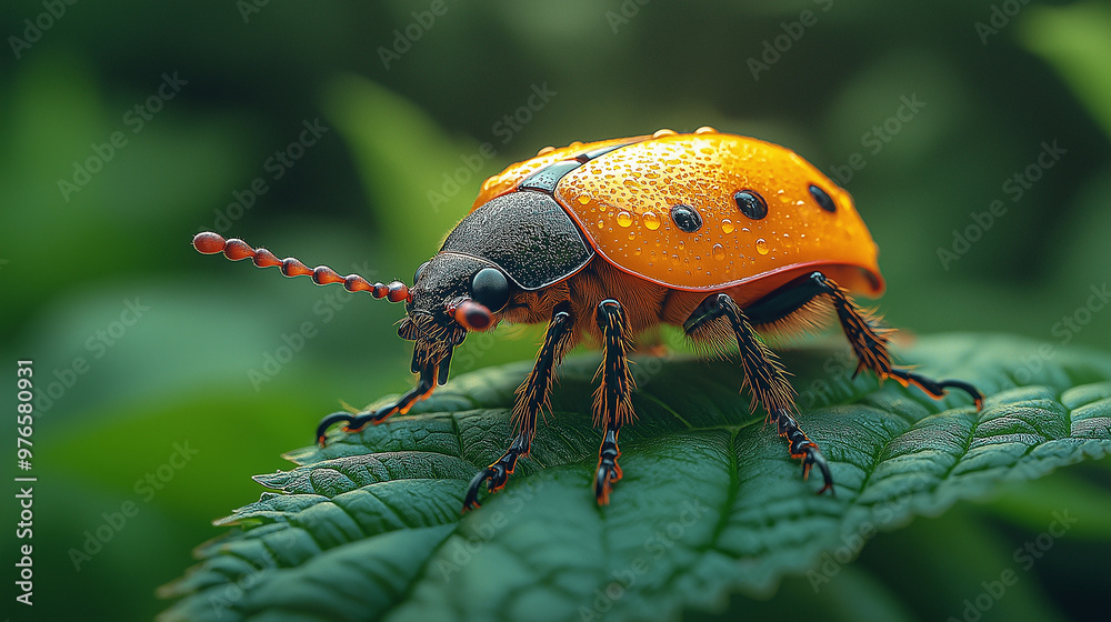 Leaf beetle, from below, angled view, Hyper-realistic, early morning light Leaf beetle, from below, angled view, Hyper-realistic, early morning light
