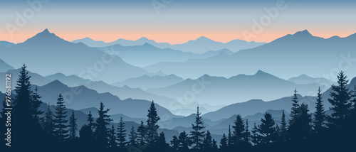 Sunrise in the mountains, misty silhouettes of ridges, panoramic view, vector illustration	