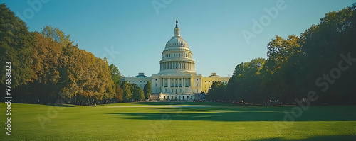 Photo of the United States Capitol Building on a Sunny Day with Blue Sky and Green Grass photo