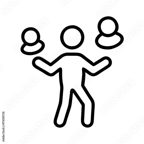Person juggling figures, dynamic vibe, illustrating balance and multitasking skills in outline style