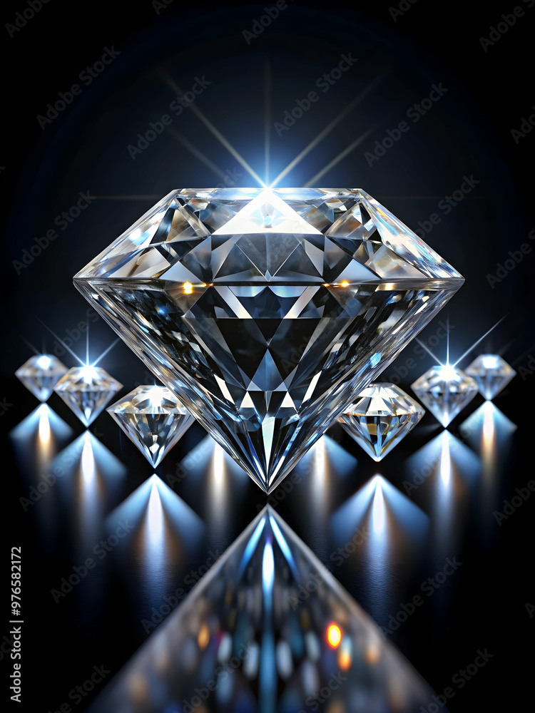 Diamond Radiance: A single, large diamond sparkles brightly in the center of a black background, surrounded by smaller diamonds and illuminated by beams of light, radiating elegance and sophistication Diamond Radiance: A single, large diamond sparkles brightly in the center of a black background, surrounded by smaller diamonds and illuminated by beams of light, radiating elegance and sophistication