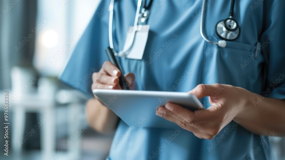 A home nurse documenting patient care on a tablet. A home nurse documenting patient care on a tablet.