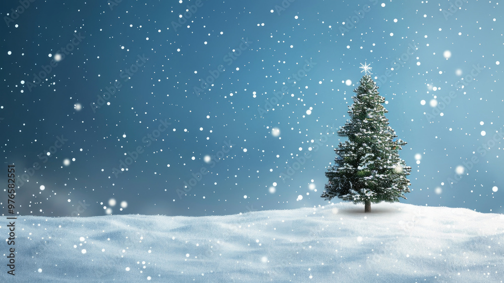 Christmas tree in a snowy winter landscape with falling snowflakes at night Christmas tree in a snowy winter landscape with falling snowflakes at night