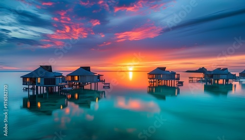 Serene silhouettes of overwater bungalows framed by a vivid sunset over a tranquil turquoise ocean