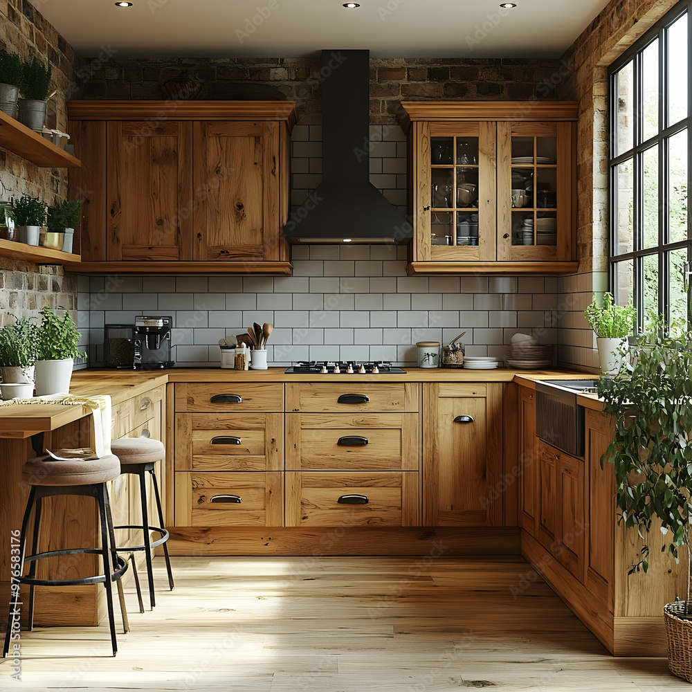 Rustic Wooden Kitchen Illustration with Exposed Brick and Sunlight Rustic Wooden Kitchen Illustration with Exposed Brick and Sunlight