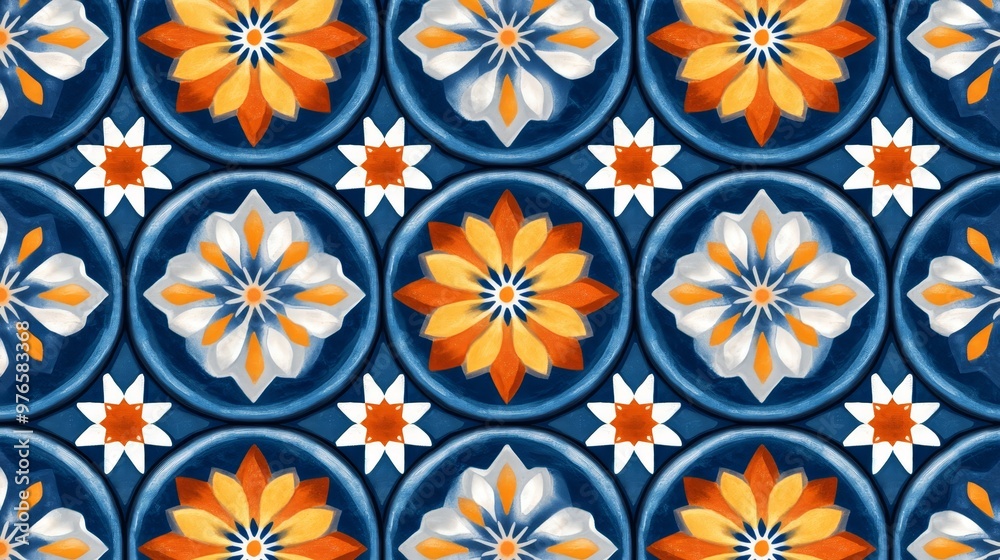Blue and Orange Floral Tile Pattern Background Blue and Orange Floral Tile Pattern Background