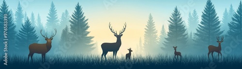 Deer Family in Misty Forest