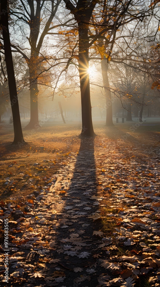 Fototapeta premium golden hour in a foggy urban park, with the sun casting long shadows through the mist and illuminating the autumn leaves, creating a peaceful and reflective scene, with copy space for text