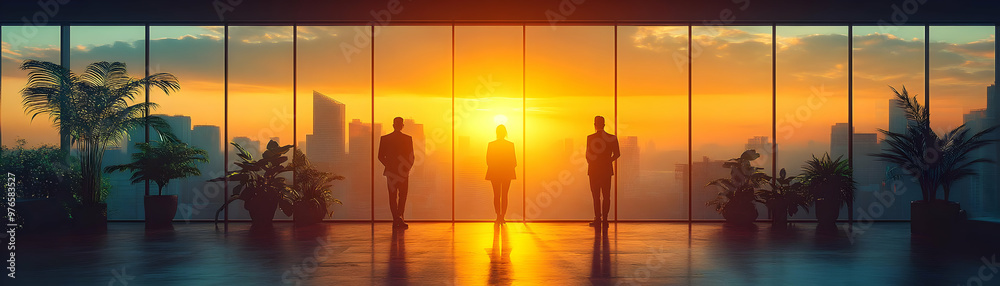 Illustration of Business Team Silhouette at Sunset with City View, Teamwork Concept