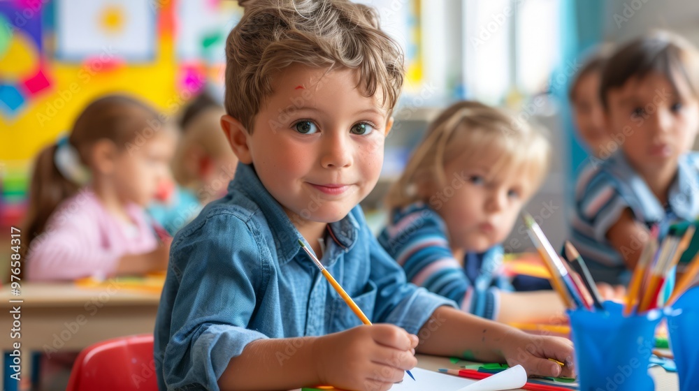 Close-up of primary school children using art supplies to express their emotions, with a focus on their concentration and creativity in a bright, friendly classroom space. Copy space for text Close-up of primary school children using art supplies to express their emotions, with a focus on their concentration and creativity in a bright, friendly classroom space. Copy space for text