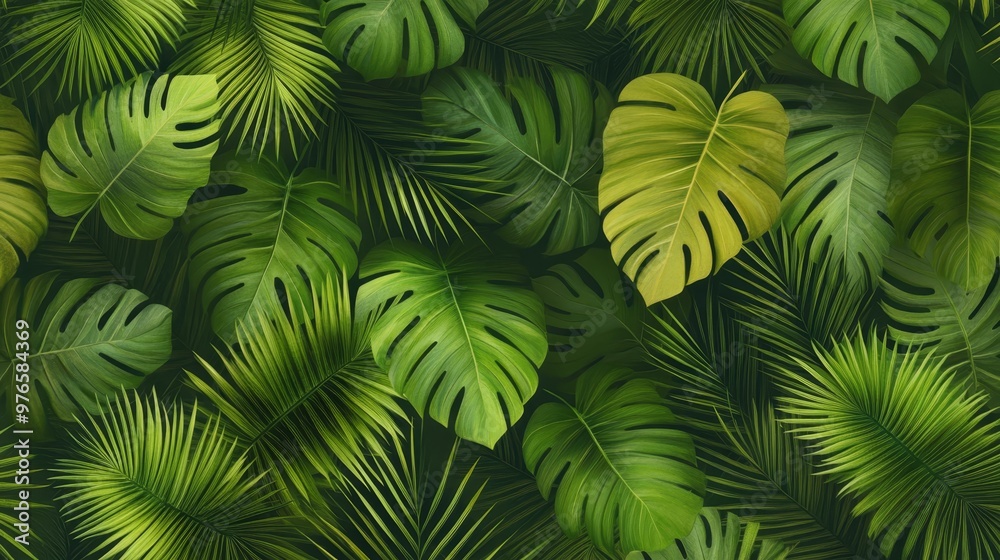 Naklejka premium Tropical Green Leaf Background Pattern Jungle Foliage Texture