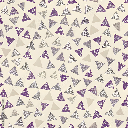 Purple and Grey Triangles Pattern:  A modern and minimalist design featuring a seamless pattern of various shades of purple and grey triangles on a warm beige background. Perfect for creating a stylis photo