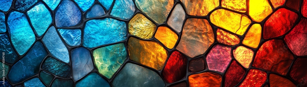 Abstract Stained Glass Mosaic Pattern in Blue Orange Red and Yellow Abstract Stained Glass Mosaic Pattern in Blue Orange Red and Yellow