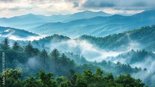 A misty view of the Smoky Mountains with fog rolling through the peaks