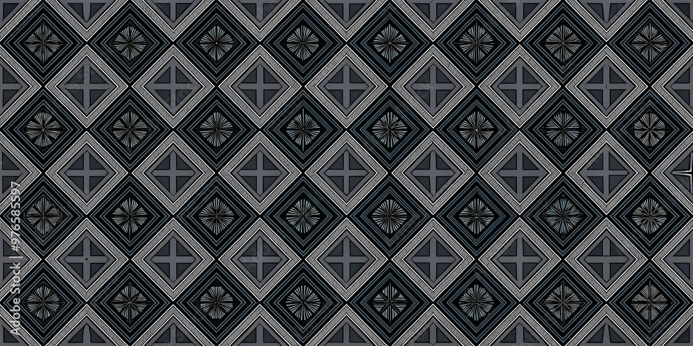 Geometric Symmetry on Dark Canvas: An intricate pattern of white geometric shapes tessellated seamlessly on a dark, textured background. Geometric Symmetry on Dark Canvas: An intricate pattern of white geometric shapes tessellated seamlessly on a dark, textured background.