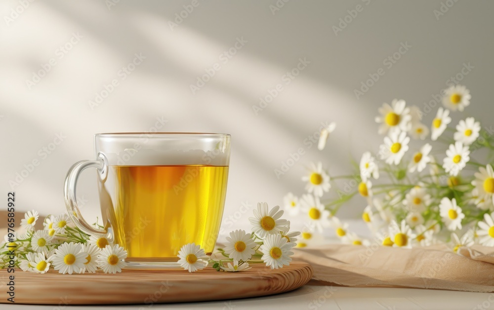 Close-up of a glass cup of chamomile tea placed on a round wooden table with chamomile flowers scattered around Close-up of a glass cup of chamomile tea placed on a round wooden table with chamomile flowers scattered around
