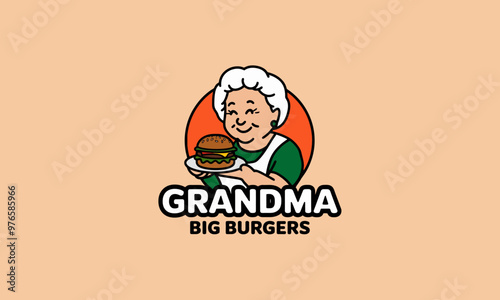 Grandma holding a big burger in a cute retro vector style