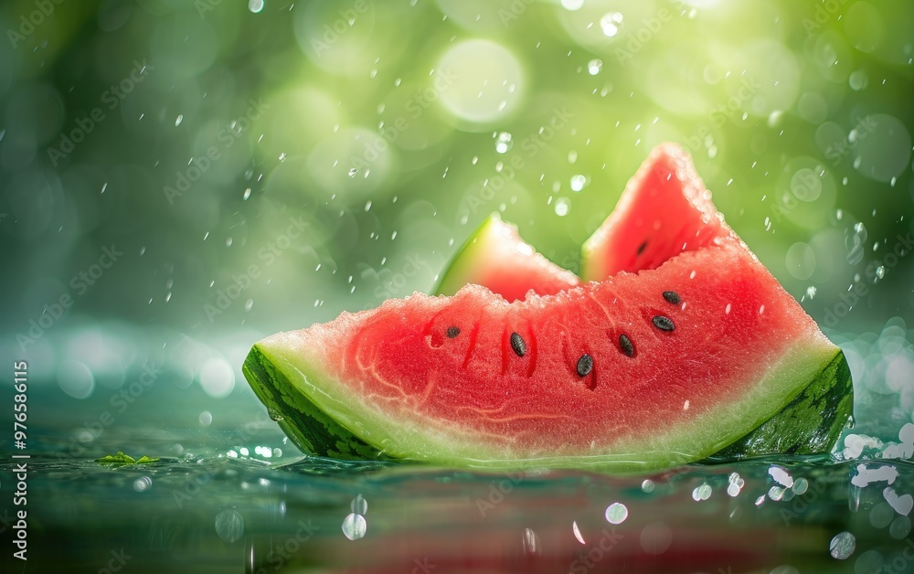 Juicy tropical fruit red watermelon slice with water droplets on a green blurred background. Ripe summer fruit