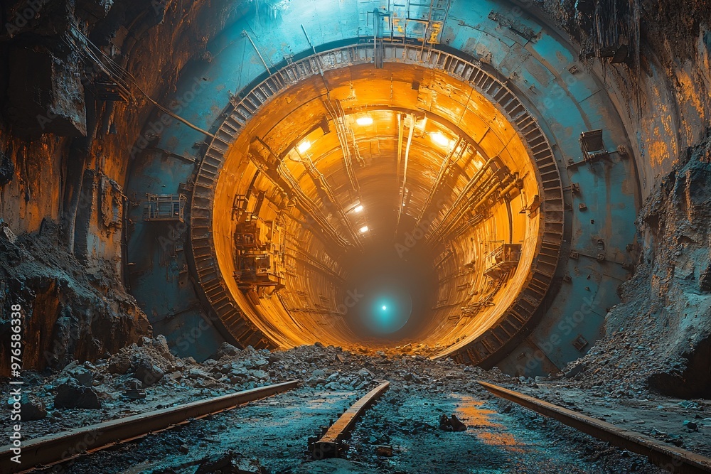 Fototapeta premium Tunnel Construction Underground Railway Construction Site with Tracks and Lights