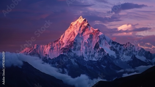 A mountain peak illuminated by the first light of dawn