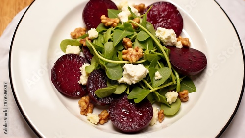 A plate of roasted beet salad with goat_