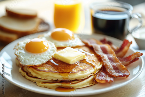 A Delicious Classic American Breakfast with Pancakes, Eggs, and Bacon